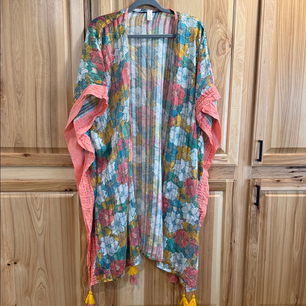 OS Cato Pastel Floral Sheer Asian Inspired Kimono Coral Accents and Tassels
